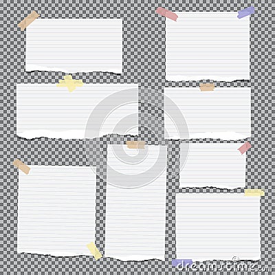 Ripped white note, notebook, copybook strips stuck with sticky tape on grey squared background. Vector Illustration