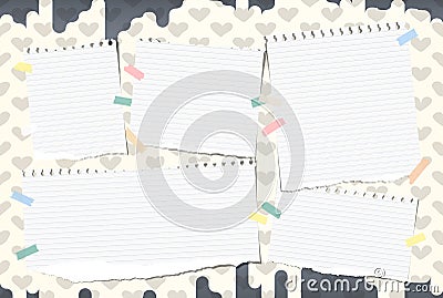 Ripped white notebook, copybook, note paper sheets stuck with colorful sticky tape on light pattern created of heart and Vector Illustration