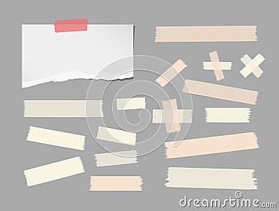 Ripped white notebook, copybook, note paper strip, brown sticky, adhesive masking tape stuck on gray background Vector Illustration