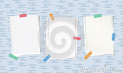 Ripped white notebook, copybook paper sheets stuck with colorful sticky tape on blue rounded lines pattern Vector Illustration