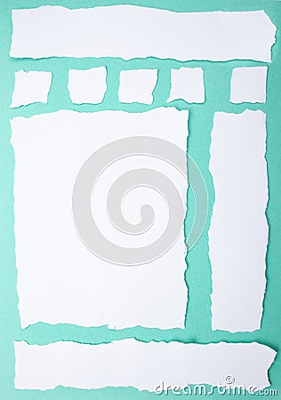 Ripped white paper strips on turquoise background, arranged as webpage elements Stock Photo