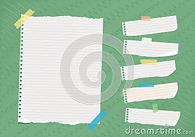 Ripped white ruled note, notebook, copybook paper sheets stuck on bright green lined pattern Vector Illustration