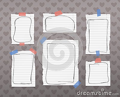 Ripped white ruled notebook, note, copybook paper sheets with doodle frames, stuck on pattern created of heart shapes Stock Photo