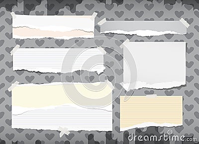 Ripped white and yellow notebook, copybook, note paper strips stuck with sticky tape on grey pattern created of heart Vector Illustration