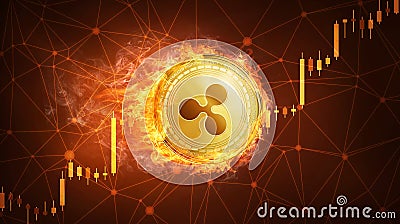 Ripple coin in fire with bull stock chart. Editorial Stock Photo