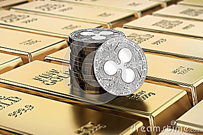 Ripple coins laying on stacked gold bars gold ingots rendered with shallow depth of field. Concept of highly desirable cryptocur Editorial Stock Photo