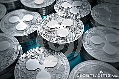 Ripple coins XRP in blurry closeup. New cryptocurrency concept Editorial Stock Photo