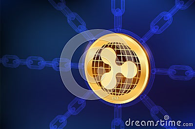 Ripple. Crypto currency. Block chain. 3D isometric Physical Ripple coin with wireframe chain. Blockchain concept. Editable Cryptoc Cartoon Illustration