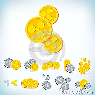 Ripple. 2D cartoon coin. Digital currency. Cryptocurrency. Golden coins with symbol isolated on white background. Stock Vector Illustration