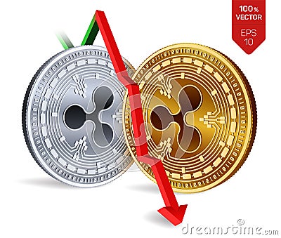 Ripple. Fall. Red arrow down. Ripple index rating go down on exchange market. Crypto currency. 3D isometric Physical Golden and si Cartoon Illustration