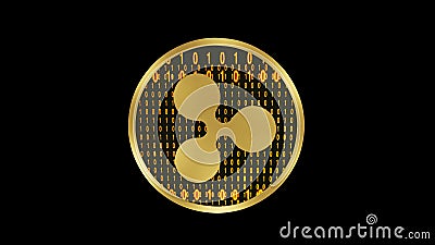 Ripple symbol, close up view of gold cryptocurrency coin with binary code on black background, front view, 3D rendering Stock Photo