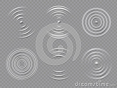 Ripples top view. Realistic water concentric circles and liquid circular waves. Round sound wave splash effects. 3d drop Vector Illustration