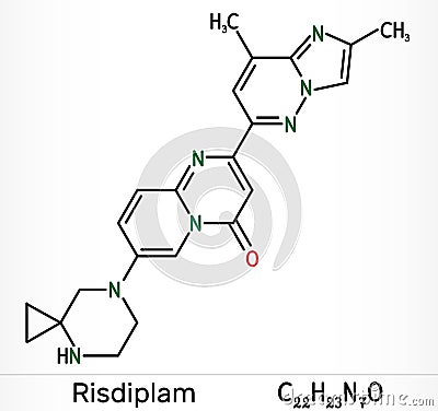 Risdiplam, RG7916, C22H23N7O molecule. It is an experimental drug for treatment spinal muscular atrophy, SMA. Skeletal chemical Stock Photo