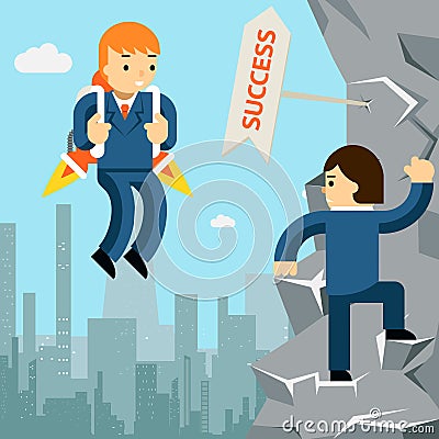 Rise to success. Businessman with rocket Vector Illustration