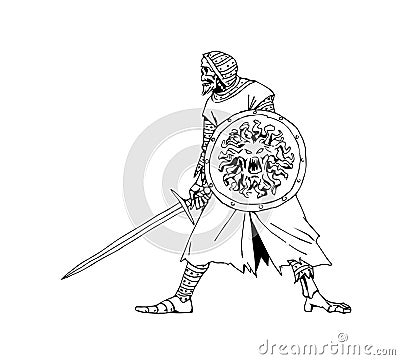 The risen dead crusader. A decayed medieval knight. A skeleton warrior. Vector Illustration