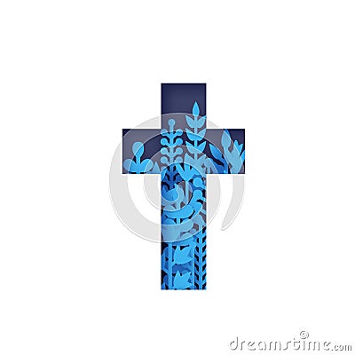 He Is Risen. Easter Banner. Christian cross with flowers in paper cut style on blue background. Circle frame. Holy Vector Illustration