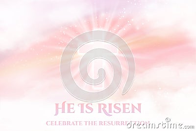 He Is Risen - Easter banner. Christian religious background with dawn heaven and white clouds and shining Cross. Vector Vector Illustration