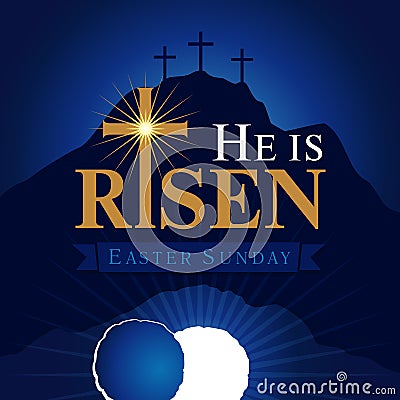 He is risen navy blue card Vector Illustration