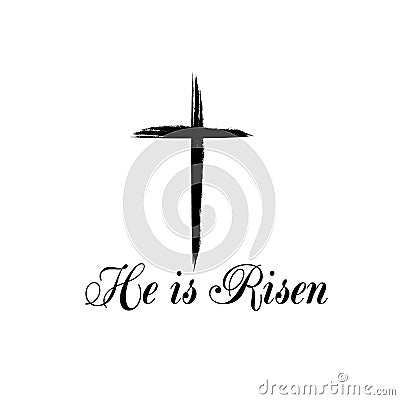 He is Risen text with cross on white background. Cartoon Illustration