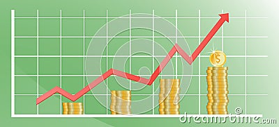 Rising chart with gold coins Vector Illustration