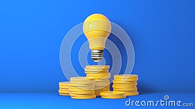 Rising Energy Cost Concept. Light bulb on Top of a Stack of Yellow Gold Coins on Blue Studio Background. Stock Photo