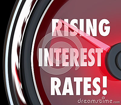 Rising Interest Rates Words Speedometer Gauge Increase Loan Financing Money Stock Photo