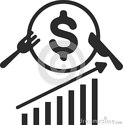 Rising price for food icon, High price, Food price hike black vector icon. Vector Illustration