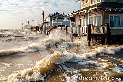 rising sea levels, with flood waters rushing into coastal town Stock Photo