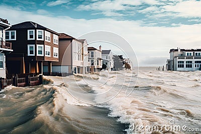 rising sea levels, with flood waters rushing into coastal town Stock Photo