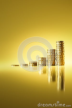 Rising stacks of Euro coins with a seamless yellow background and reflections Stock Photo