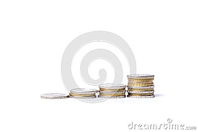Rising stacks of Euro coins on white background concept of increasing income Stock Photo