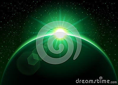 Rising sun behind the planet - green Vector Illustration