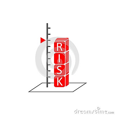 Risk assessment concept symbolizing with scale and alphabet cubes showing word risk in red Stock Photo