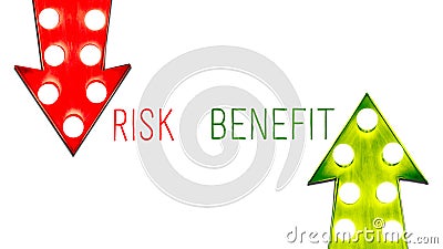 Risk benefit red and green left right up down vintage retro arrows illuminated light bulbs. Concept advantages disadvantages Stock Photo