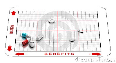 Risk Benefits Assesment of Drugs. Clinical Trials and Side Effects Cartoon Illustration