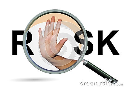 Risk len zoom magnify stop human hand - 3d rendering Stock Photo