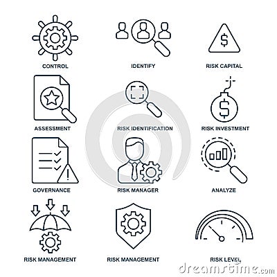 Risk management icon, line, outline vector sign, linear style pictogram isolated on white. Symbol, logo illustration Vector Illustration