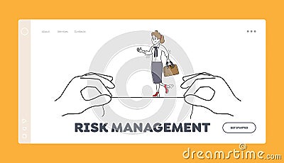 Risk Management Landing Page Template. Businesswoman Character Balancing on Rope Hanging Between Huge Hands Vector Illustration