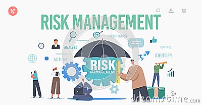 Risk Management Landing Page Template. Workgroup Characters Admit, Identify, Measure and Implement Business Strategy Vector Illustration
