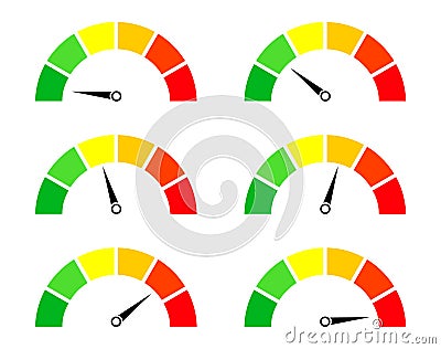 Risk meters. Gauge and icon of speedometer. Score of performance, speed, power, pressure and progress. Dial with low, medium and Vector Illustration