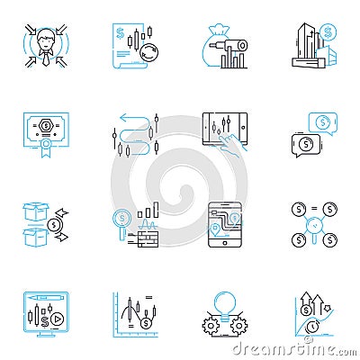 Risk metrics linear icons set. Probability, Volatility, Correlation, Sensitivity, Diversification, Exposure, Liquidity Vector Illustration