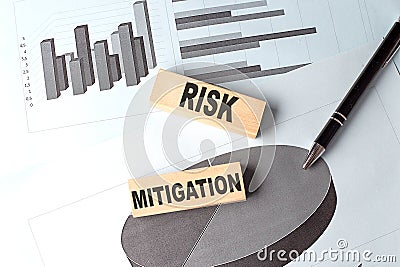 RISK MITIGATION wooden block on chart background Stock Photo