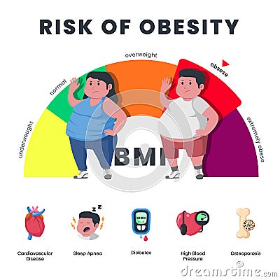 Risk of obesity of medical healthcare with fat big size man and woman with obesity and BMI meter health poster infographic for Vector Illustration