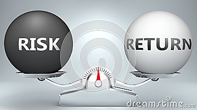 Risk and return in balance - pictured as a scale and words Risk, return - to symbolize desired harmony between Risk and return in Cartoon Illustration