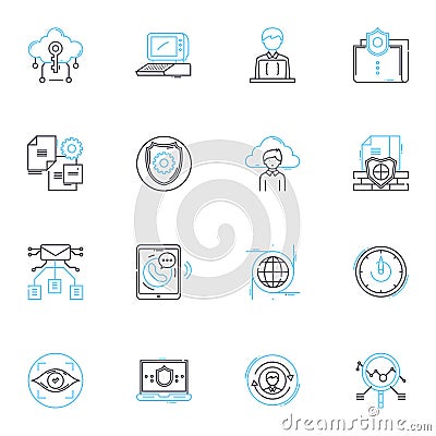 Risk security linear icons set. Vulnerability, Threat, Breach, Exposure, Hack, Intrusion, Compromise line vector and Vector Illustration