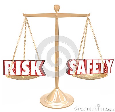 Risk Vs Safety Words Balance Scale Comparing Danger Options Stock Photo