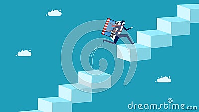 Risks and obstacles of online business. businessman with an online shopping laptop jumps over the gap Vector Illustration