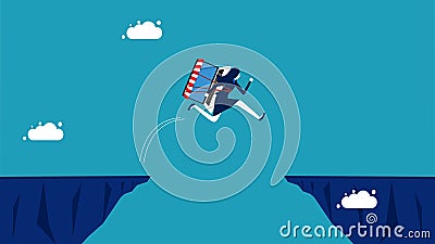 Risks and obstacles of online business. businesswoman with an online shopping laptop jumps over the gap eps Vector Illustration