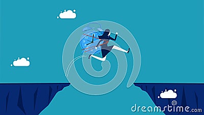 The risks and obstacles of time. businesswoman with a watch jumps over the gap Vector Illustration