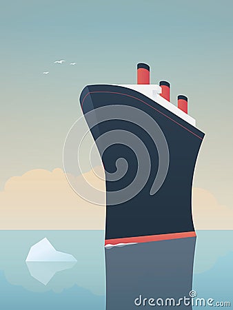 Risky adventure exploration business concept. Fearless explorer ship and icebergs in sea. Vector Illustration